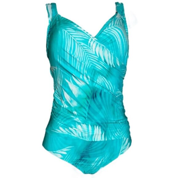 Jantzen Solid Surplice Maillot One- Piece Swimsuit Teal Palm Size 10 - Picture 1 of 9